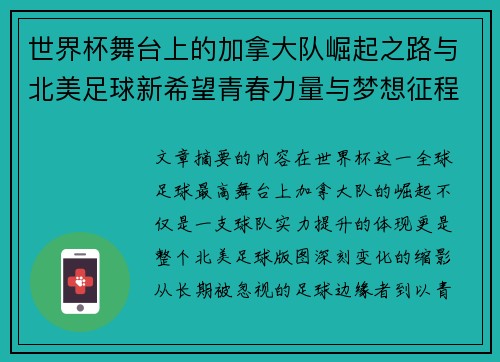 世界杯舞台上的加拿大队崛起之路与北美足球新希望青春力量与梦想征程
