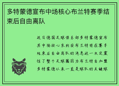 多特蒙德宣布中场核心布兰特赛季结束后自由离队